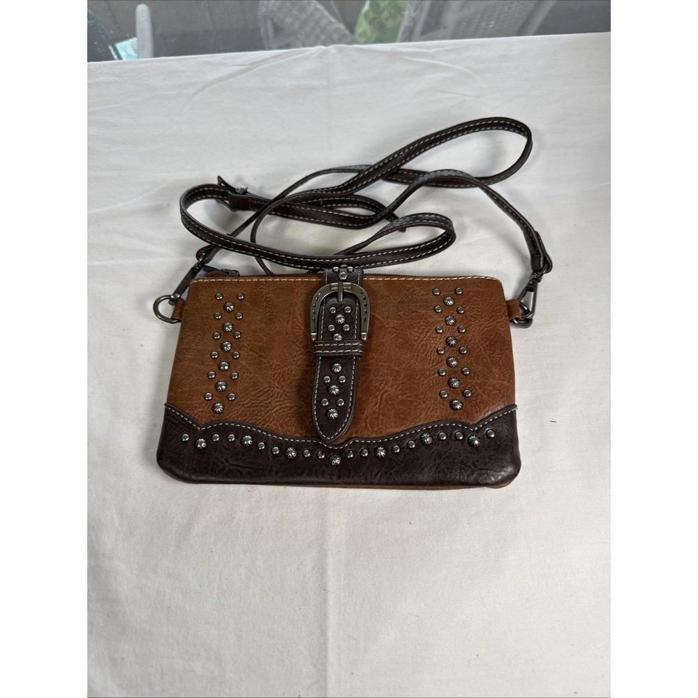 Montana West Studded Crossbody Purse Studded Zip Closure Buckle Detail. Two Tone